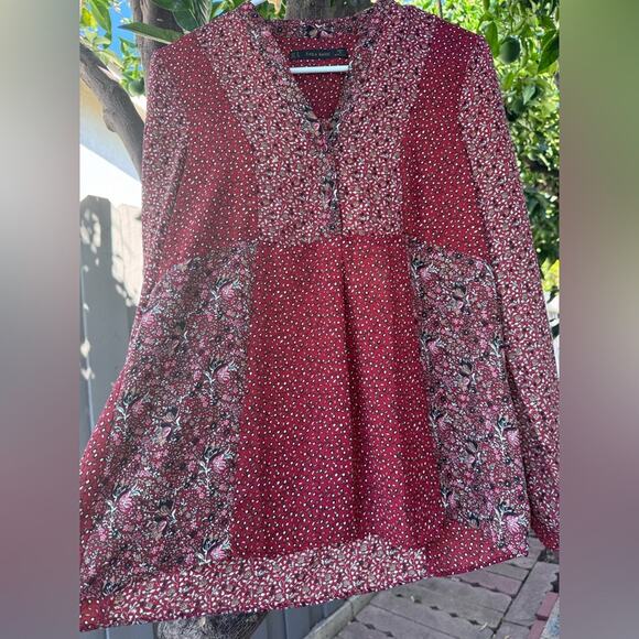 Zara Basic Burgundy Floral Patchwork Blouse – Size L - Picture 3 of 6